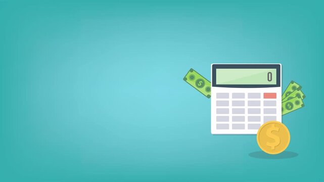 Calculator with money concept income tax calculation. Calculating income tax payment, business, finance and investment concept. 4K video animation.	