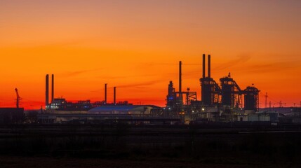 Obraz premium Steel Factory, Industrial skyline silhouetted against a vibrant sunset with smokestacks and structures.