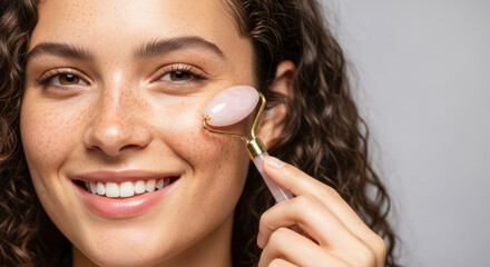 Young woman with curly hair applying facial roller to her cheek, showcasing skincare routine and self-care practices, promoting beauty and wellness in a serene environment