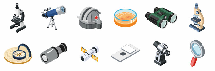 Isometric icons set of scientific observation equipment including microscopes, telescopes, binoculars, laboratory tools, and navigation instruments for research and exploration. © Asep