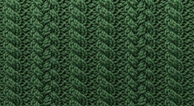 Textured green knitted fabric featuring intricate braided patterns, showcasing the craftsmanship and warmth of textile design, ideal for cozy apparel and home decor projects
