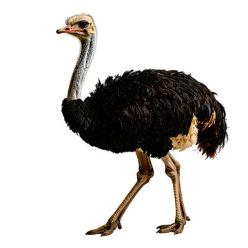 An ose bird walking on black surface with its head turned to.