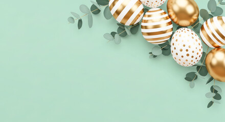 Colorful Easter eggs with gold accents and greenery arranged on a mint green background, perfect for festive spring celebrations and decorations