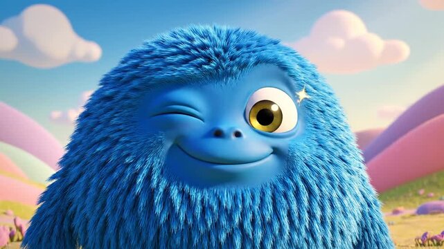 Cheerful blue furry character with one eye winking raises its hand in a colorful landscape against a clear blue sky