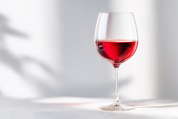 Elegant wine glass filled with red wine on a white surface, soft shadows cast by natural light creating a serene atmosphere