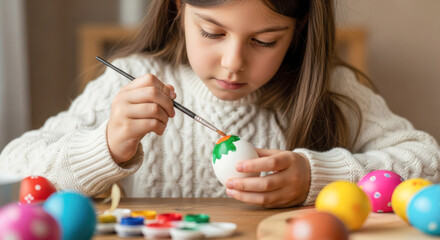 Young girl painting a decorative Easter egg with a brush, colorful eggs and paint palette visible on the table during a festive activity
