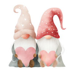 Two whimsical gnomes holding pink hearts, wearing colorful hats with patterns, ideal for Valentine's Day decoration or greeting card design. Isolated on transparent background.