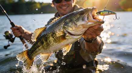 夕暮れの湖で大物のブラックバスを釣り上げる釣り人