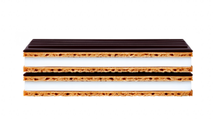 Layered chocolate wafer with white cream filling crispy texture sweet dessert isolated on transparency background delicious snack indulgent treat closeup view tempting and inviting