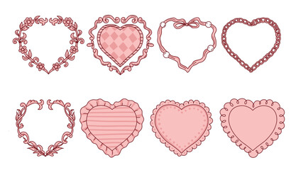 Pink retro frames with hearts. Vintage frames for Valentine's day on a white background.