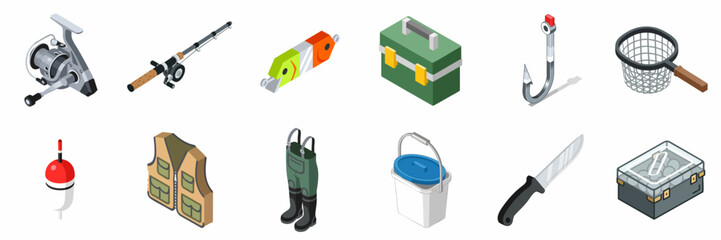 Isometric fishing gear vector set showing rod, reel, tackle box, hook, waders, and accessories for outdoor angling activity. © Asep