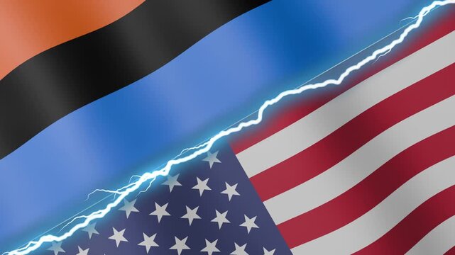 Two waving flags Chagos and United States with diagonal lightning 4k loop