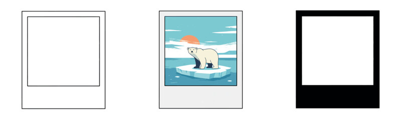 Obraz premium A retro-style polaroid photo frame with an illustration of a polar bear on an ice floe, capturing a scenic Arctic moment.