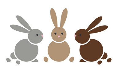 Fototapeta premium A set of three cartoon-style bunnies in different colors, each holding Easter-themed items like eggs and carrots.