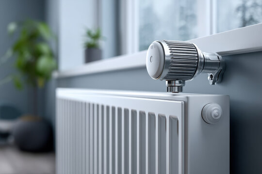 Close-up smart radiator valve actuator on sleek heater in bright minimalist room