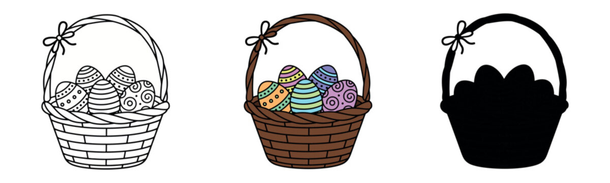 A detailed line illustration of a woven basket filled with colorful Easter eggs, perfect for spring holidays and Easter celebrations.