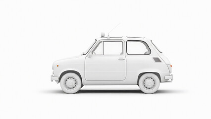 A white miniature model car is placed on a white surface, showcasing its detailed design and features from a side view.