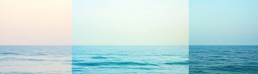 Obraz premium Serene ocean view with pastel colored sky transitioning into calm blue waters in a panoramic horizontal layout