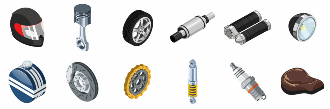 Isometric set of car and motorcycle spare parts and accessories including helmet, piston, wheel, brake, spark plug, and suspension components.