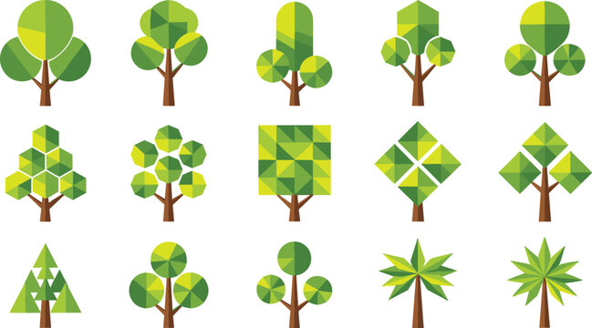 Geometric green trees collection with modern flat design, abstract polygon forest elements, eco nature concept, isolated vector illustration set for landscape and environment projects