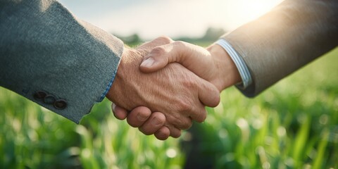 Close-up of a business handshake in a sunny green field, symbolizing a successful agricultural partnership and sustainable business collaboration