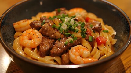 Savory bowl of flat noodles topped with pieces of cooked meat and plump shrimp garnished with fresh green herbs