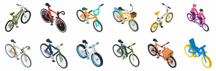 Isometric Bicycle Icons Set: Diverse Collection of Cycling Transport and Sport Vehicles including E-Bikes, Tandems, Cargo, and Mountain Bikes.