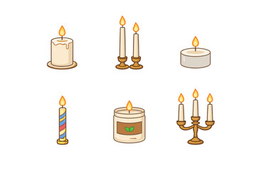 Collection of six different types of burning candles in cartoon style