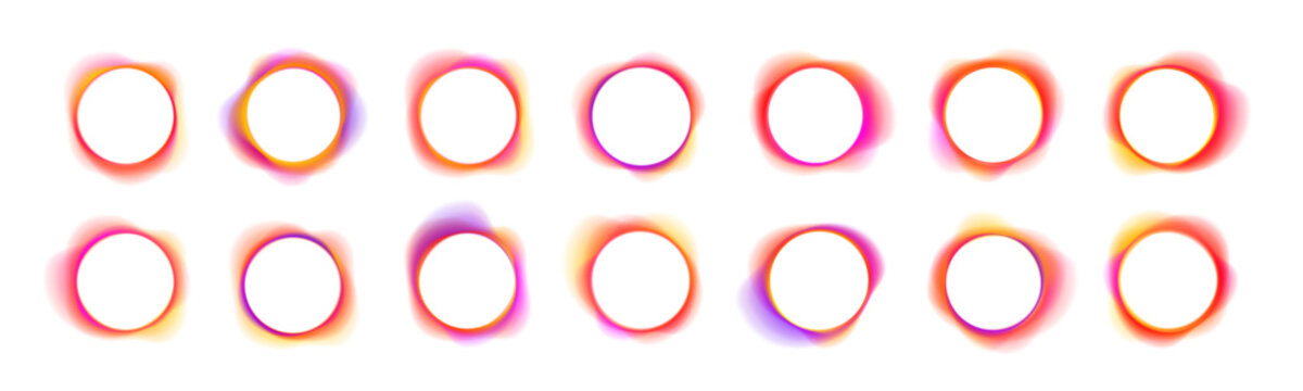 Set of neon glowing rings with smooth gradient overflow on white background. Bright iridescent colors create futuristic depth. Perfect PNG elements for UI, digital art, and tech design.