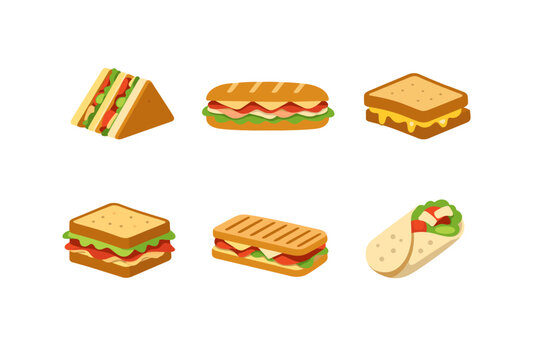 Collection of six different types of sandwiches and wraps on a white background