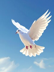 Fototapeta premium White Dove Flying in Clear Blue Sky Symbol of Peace and Freedom