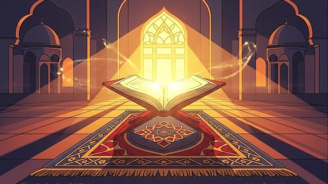 Holy Quran on Prayer Rug in Mosque with Glowing Light