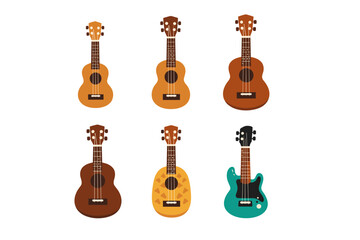 Fototapeta premium Collection of six different ukuleles and a guitar in a flat design style