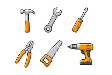 Obraz premium Collection of cartoon-style hand tools including a hammer, wrench, screwdriver, pliers, saw, and drill