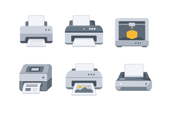 Collection of six different printer icons, including a 3D printer and photo printers