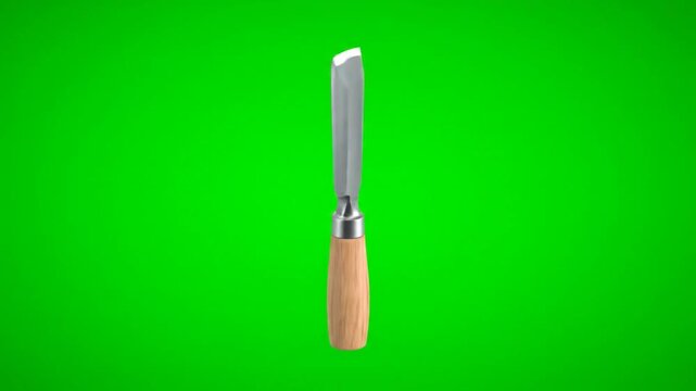 Rotating wood chisel tool isolated against a green screen for woodworking concepts and tutorials