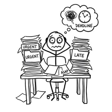 Stick figure illustration of a stressed office worker panicking over a deadline amidst stacks of paper.