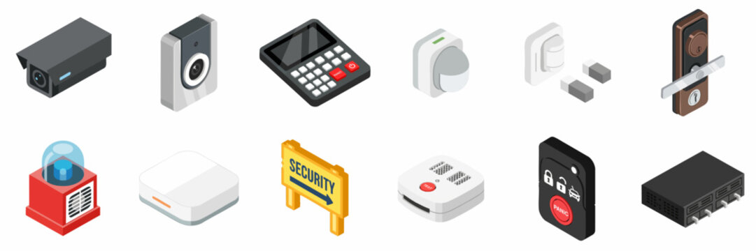 Isometric Smart Home Security System Icons Set. Collection of surveillance cameras, alarm devices, sensors, keypads, and digital locks for protection and safety.