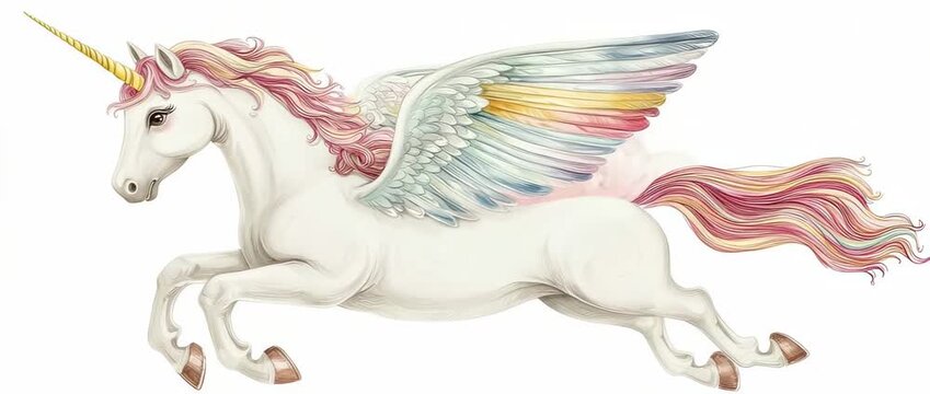 White winged unicorn illustration with flowing pastel mane and tail on white background