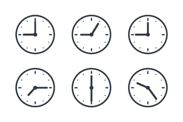 Collection of six simple line art clocks showing different times on white background