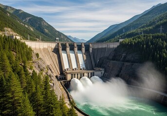Massive hydroelectric dam discharging water in a lush mountain valley, renewable energy concept