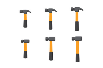 Collection of six different claw hammers with orange handles and black grips