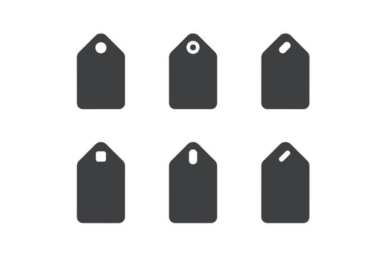 Set of six different dark gray tag icons with rounded corners and various hole shapes