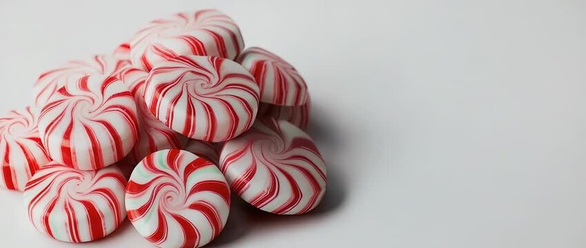 Pile of round red and white striped peppermint hard candies on a plain white background
