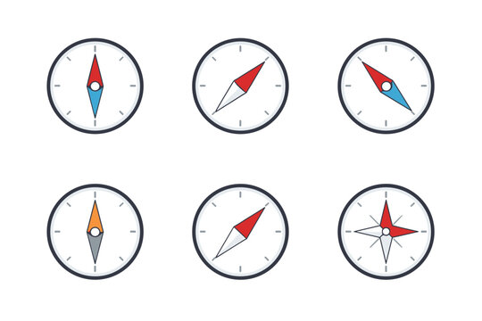 Collection of six different compasses with red and blue needles on a white background