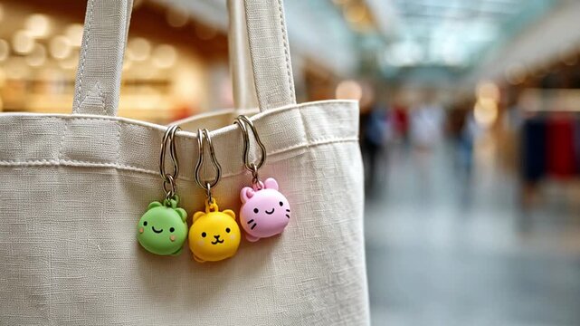Colorful charms hang from a canvas bag in a busy shopping center. Shoppers stroll in the background among various stores and displays. The scene shows a lively atmosphere.