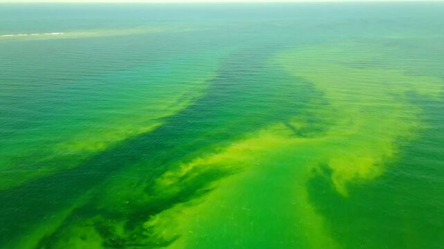 Aerial view of vibrant green and yellow algae bloom in ocean water showcasing environmental phenomenon