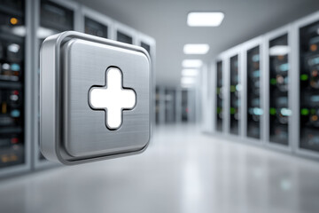 Metallic Storage Expansion Tiles Symbol with Cross Icon in Sharp Focus on Tech Background