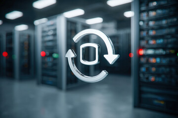 Backup synchronization loop icon glowing inside modern server room infrastructure