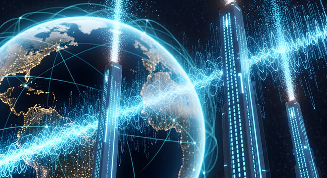 Globe with 5g network connections and towers emitting blue light social media thumbnail poster banner download 2026 2027 - Powered by Adobe
